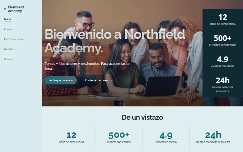 La página de inicio de la plantilla Academia Online