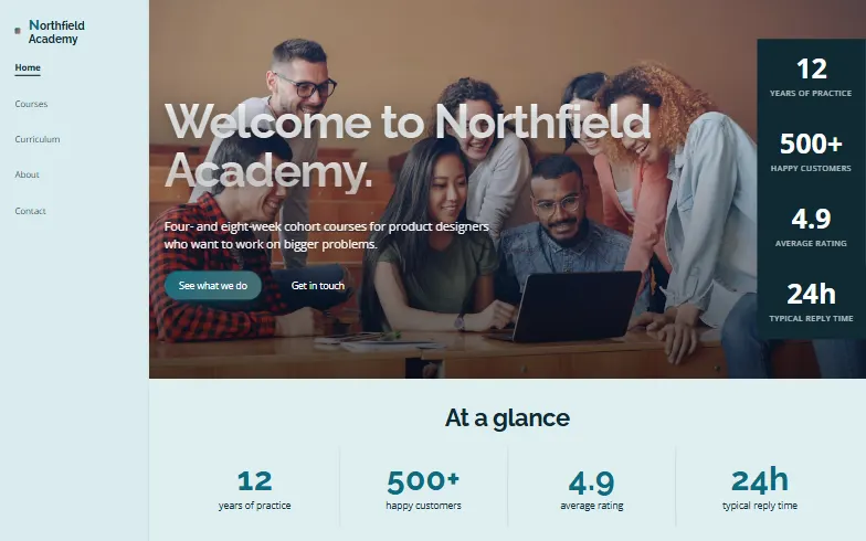 The home page of the Online Academy template