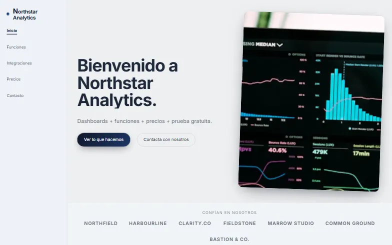 La página de inicio de la plantilla SaaS de Analítica