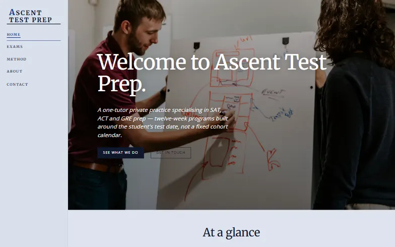 The home page of the Test Prep Tutor template