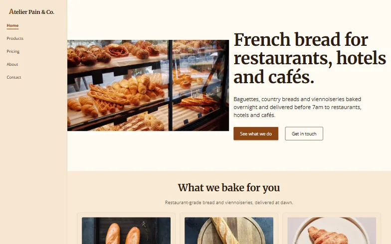 The home page of the Wholesale French Bakery template