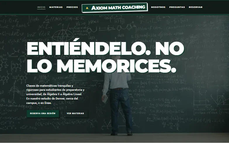 La página de inicio de la plantilla Axiom Math Coaching