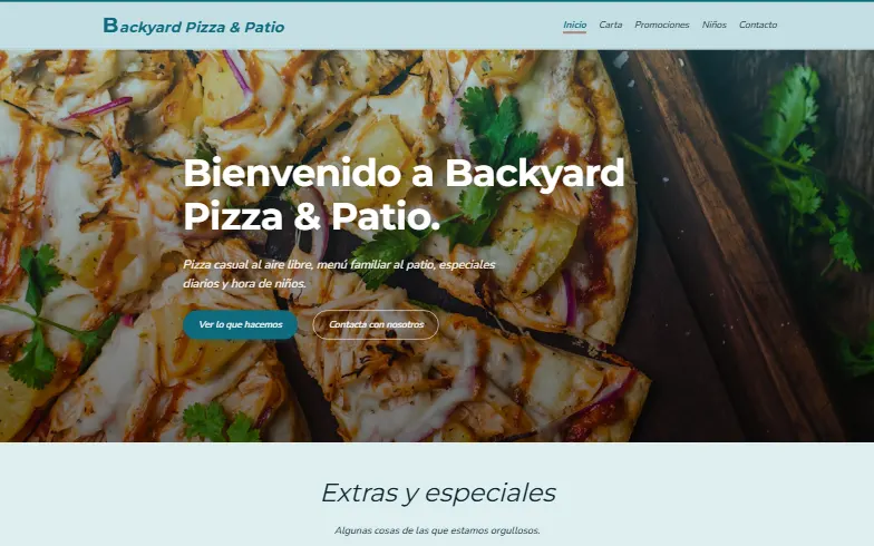 La página de inicio de la plantilla Pizza y Patio del Jardín