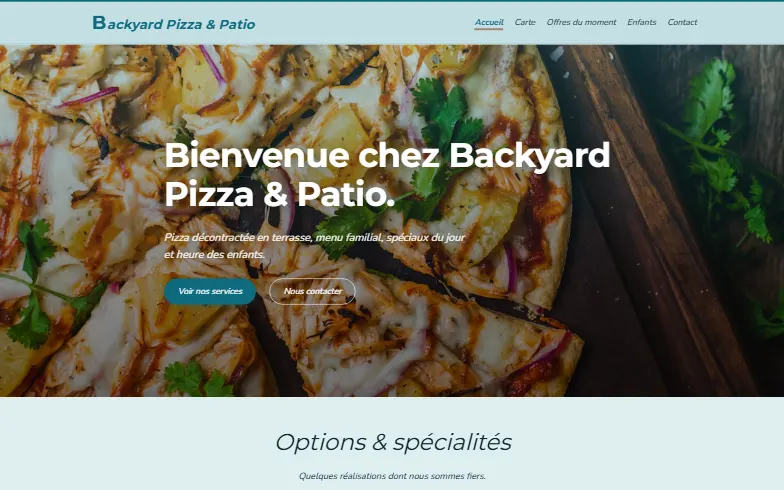 La page d’accueil du modèle Pizza et Terrasse de Jardin