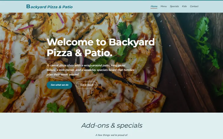 The home page of the Backyard Pizza & Patio template