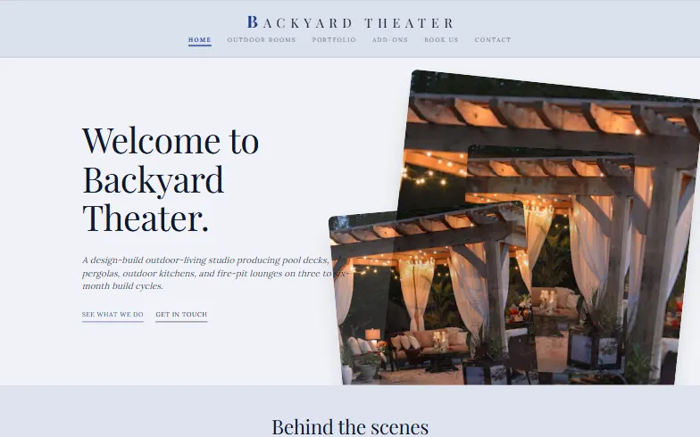 The home page of the Backyard Theater template
