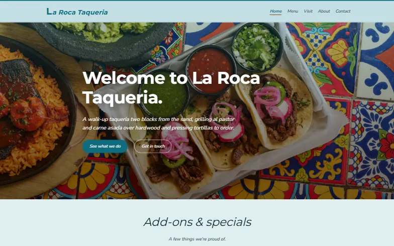 The home page of the Beachside Taqueria template