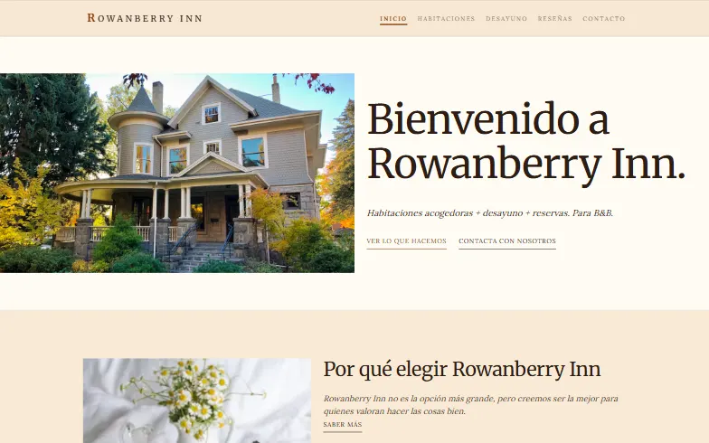 La página de inicio de la plantilla Casa de Huéspedes
