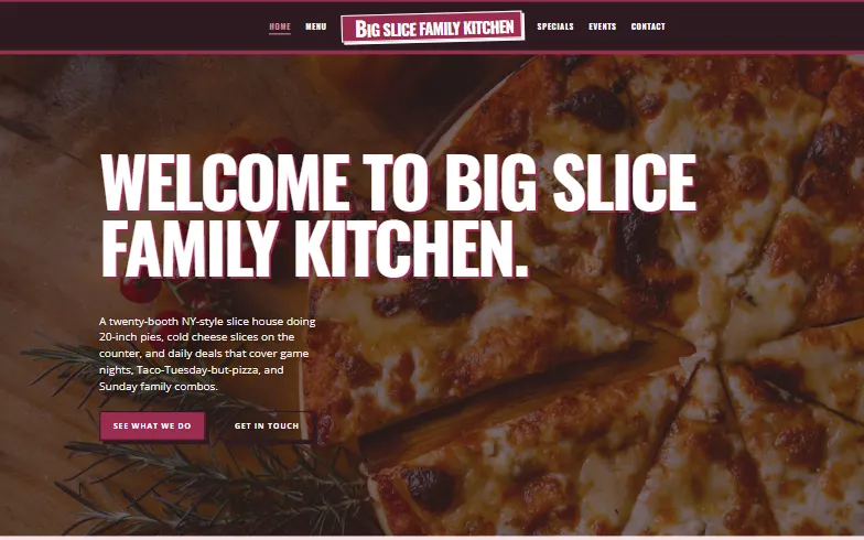The home page of the Big Slice Family Kitchen template
