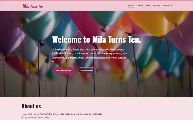 The home page of the Birthday Party Invite template