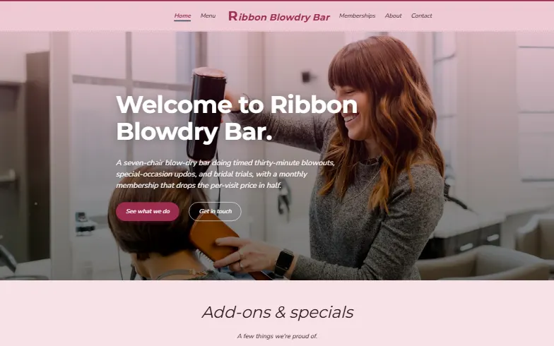 The home page of the Blow Dry Bar template