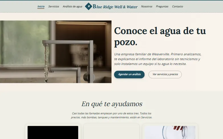 La página de inicio de la plantilla Blue Ridge Well & Water