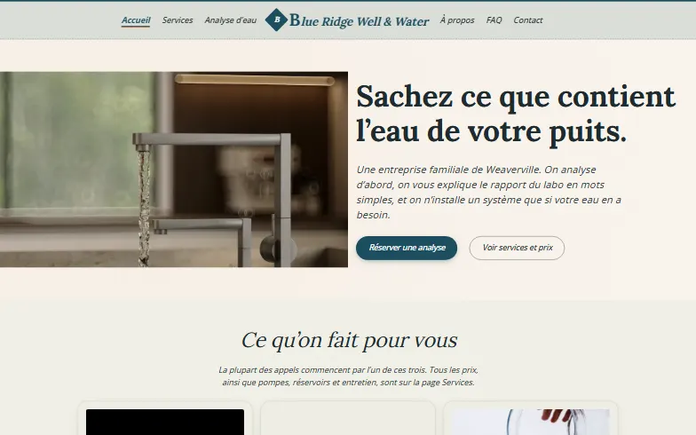 La page d’accueil du modèle Blue Ridge Well & Water