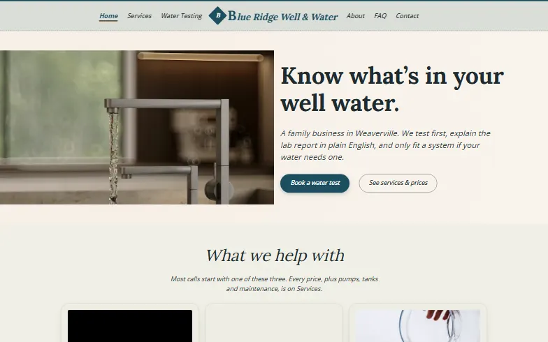 The home page of the Blue Ridge Well & Water template