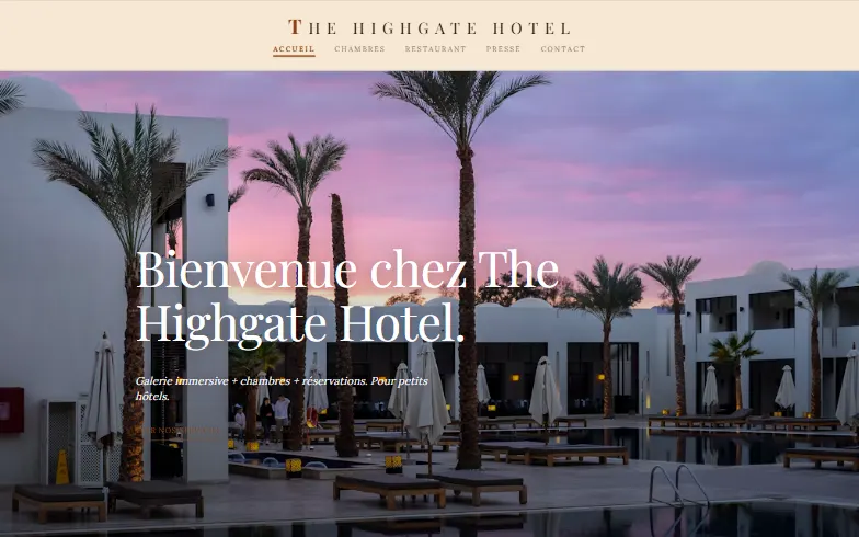 La page d’accueil du modèle Hôtel Boutique