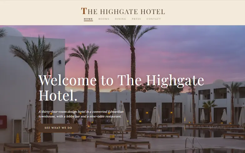The home page of the Boutique Hotel template