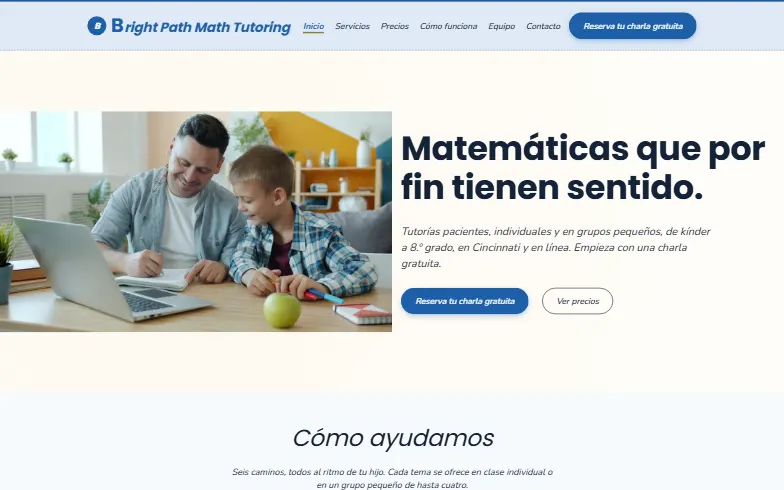 La página de inicio de la plantilla Bright Path Math Tutoring