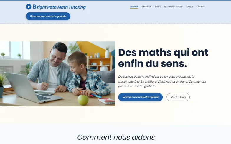 La page d’accueil du modèle Bright Path Math Tutoring