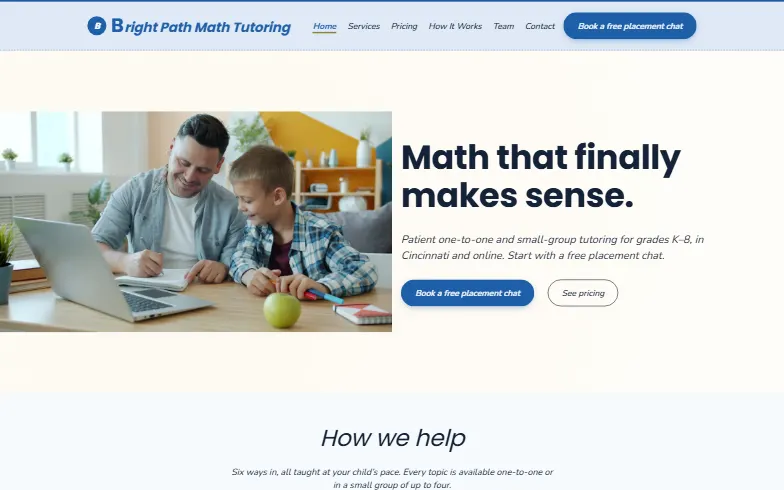 The home page of the Bright Path Math Tutoring template