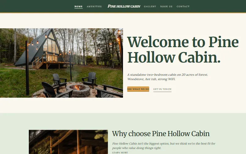 The home page of the Cabin Rental template