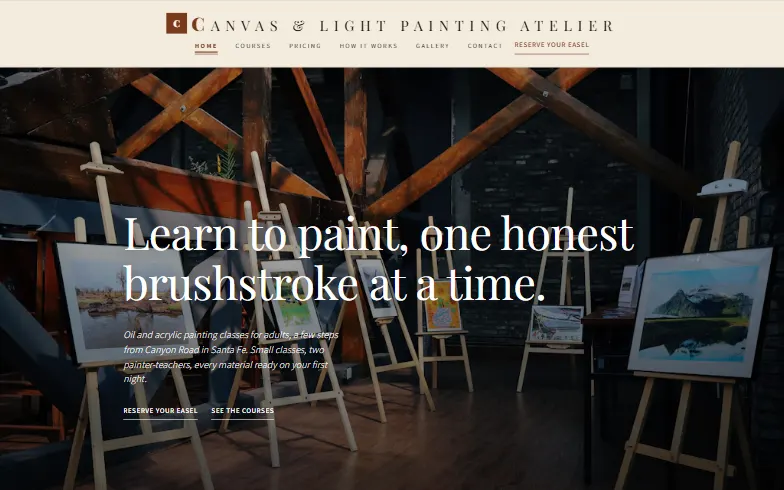 The home page of the Canvas & Light Painting Atelier template