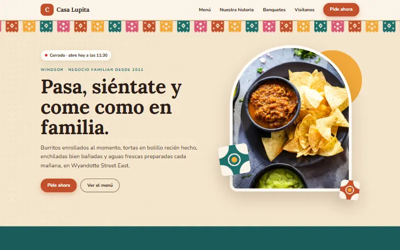 La página de inicio de la plantilla Casa Lupita