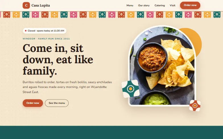 The home page of the Casa Lupita template