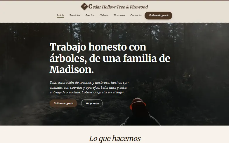 La página de inicio de la plantilla Cedar Hollow Tree & Firewood