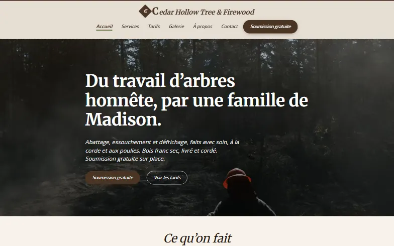La page d’accueil du modèle Cedar Hollow Tree & Firewood