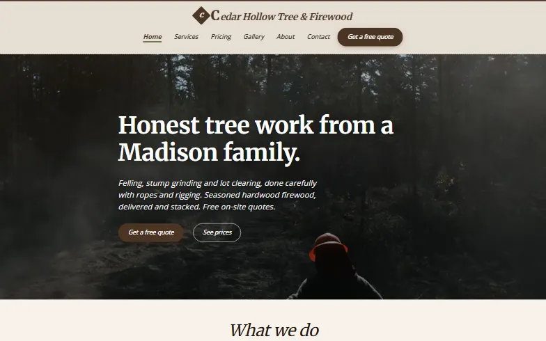 The home page of the Cedar Hollow Tree & Firewood template