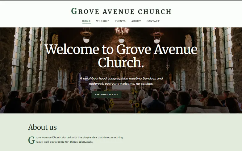 The home page of the Community Church template