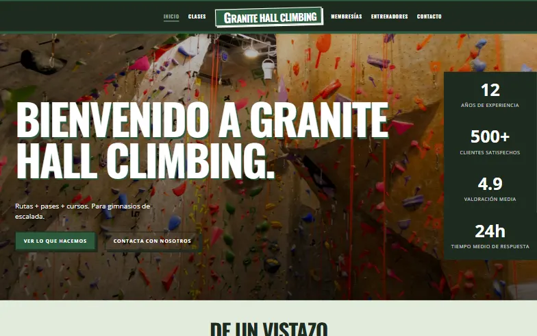 La página de inicio de la plantilla Gimnasio de Escalada