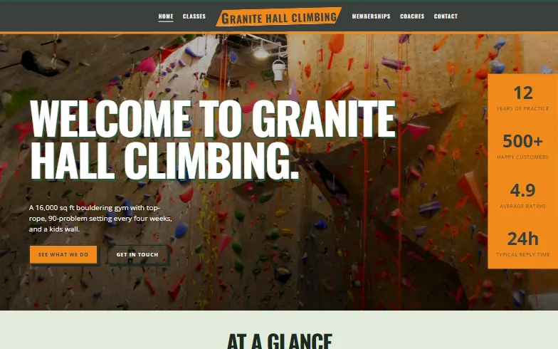 The home page of the Climbing Gym template