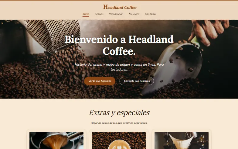 La página de inicio de la plantilla Tostador de Café