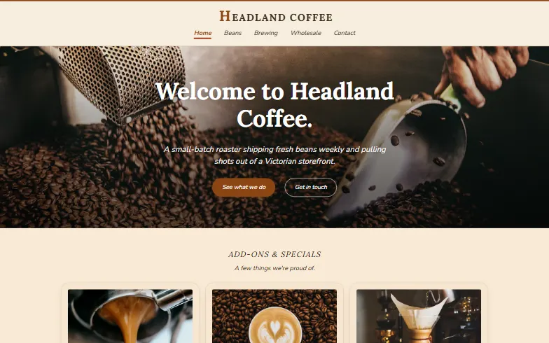 The home page of the Coffee Roaster template