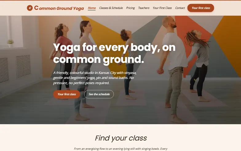 The home page of the Common Ground Yoga template
