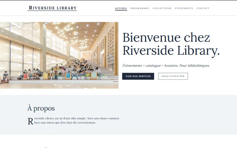 La page d’accueil du modèle Bibliothèque Communale
