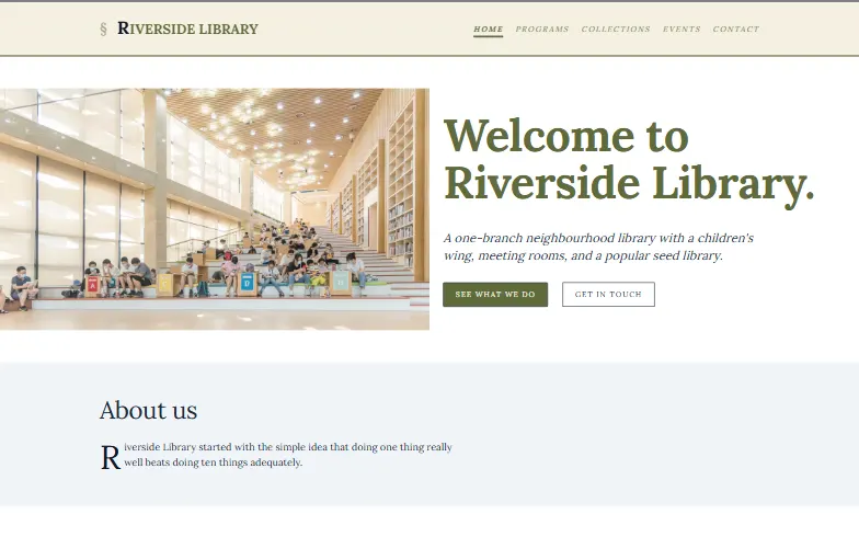 The home page of the Community Library template