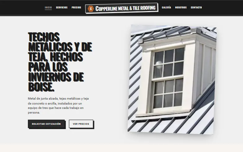 La página de inicio de la plantilla Copperline Metal & Tile Roofing