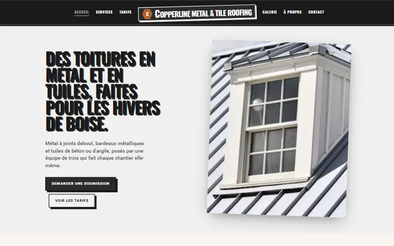 La page d’accueil du modèle Copperline Metal & Tile Roofing