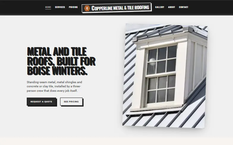 The home page of the Copperline Metal & Tile Roofing template