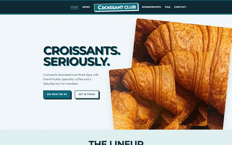 The home page of the Croissant Club template