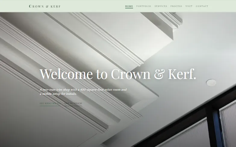 The home page of the Crown & Kerf template