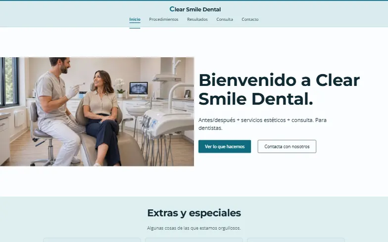 La página de inicio de la plantilla Dentista Cosmético