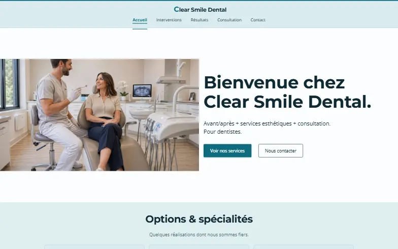 La page d’accueil du modèle Dentiste Esthétique