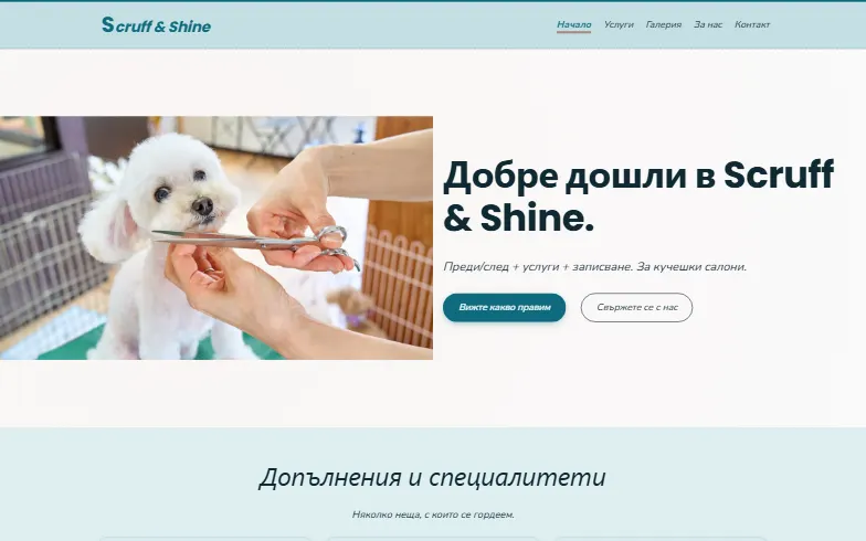 Началната страница на шаблона Кучешки салон