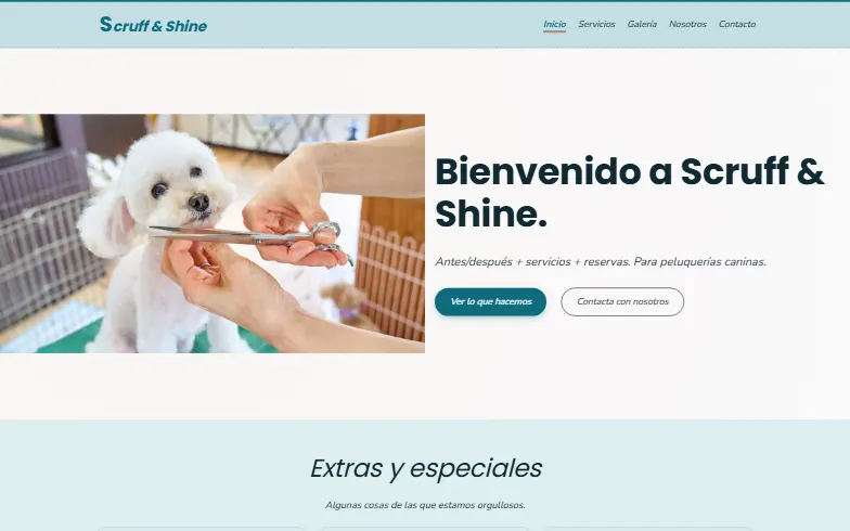 La página de inicio de la plantilla Peluquería Canina