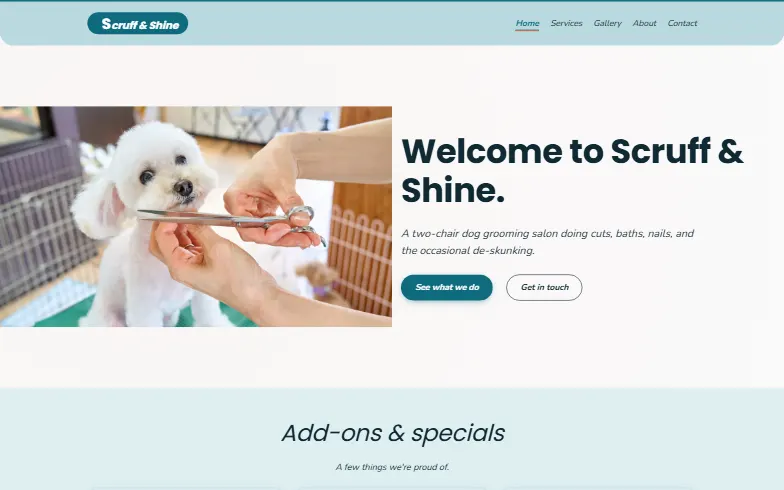 The home page of the Dog Grooming template