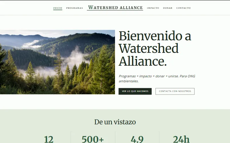 La página de inicio de la plantilla ONG Ambiental