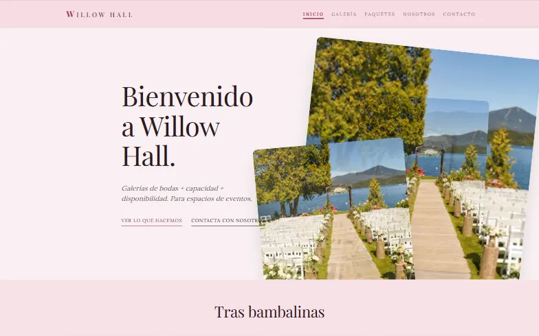 La página de inicio de la plantilla Espacio para Eventos